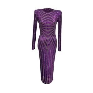 Meraki Official 'Porfirio' Purple Geometric Sequin Round Neck Midi Dress Size M